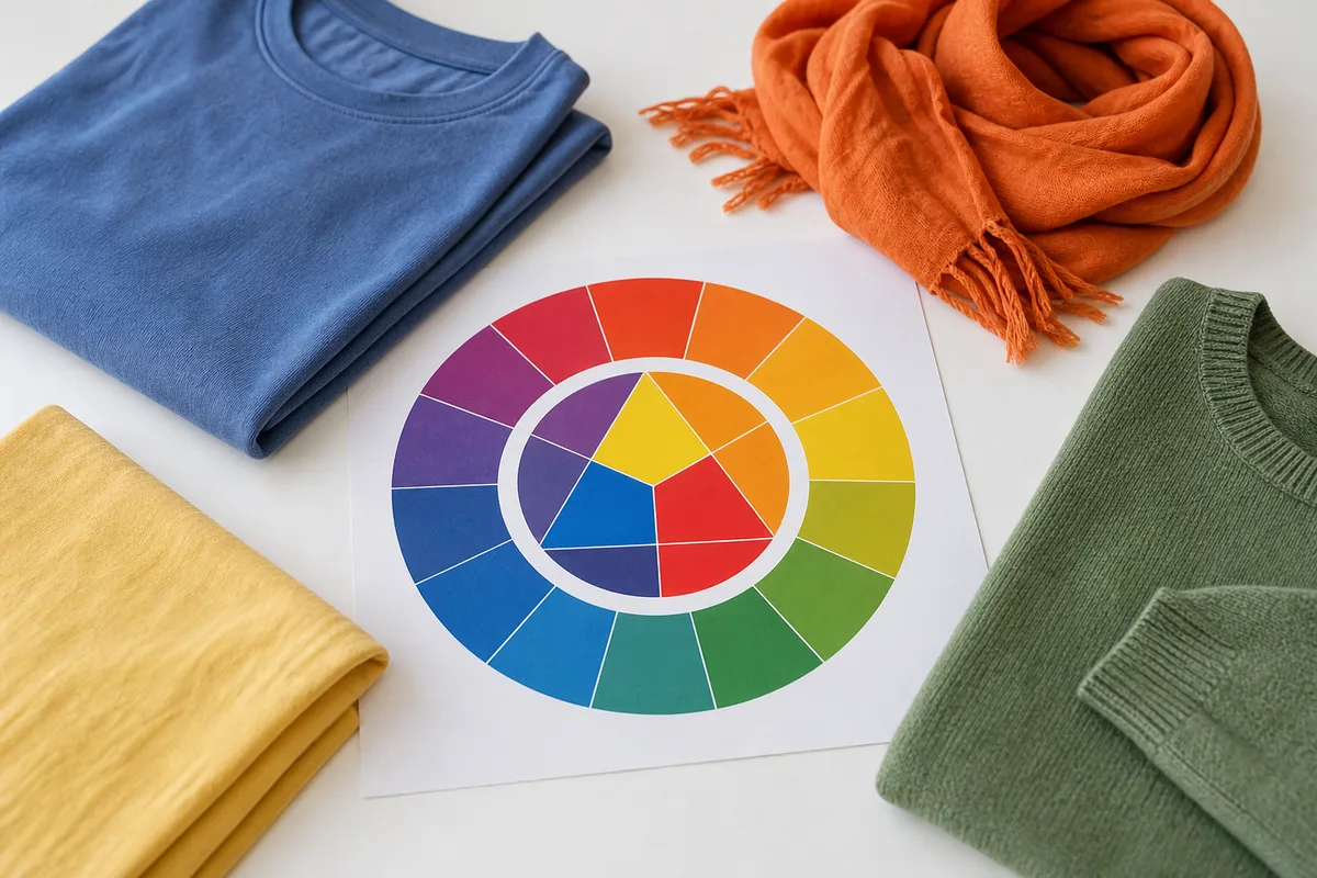 Cercle chromatique en douze teintes posé près de vêtements colorés pliés sur une table claire