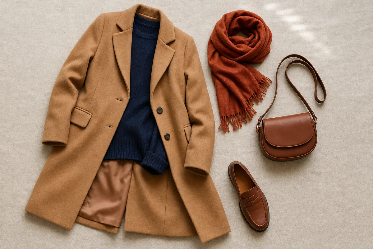 Tenue féminine coordonnée à plat : manteau camel, pull marine et écharpe rouille disposés sur un fond clair