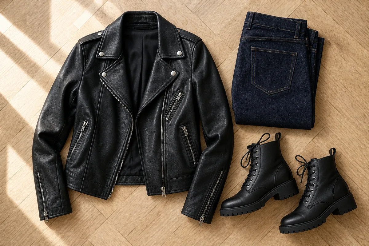 Perfecto en cuir noir posé sur un jean brut plié et une paire de bottines à lacets, sur un parquet clair