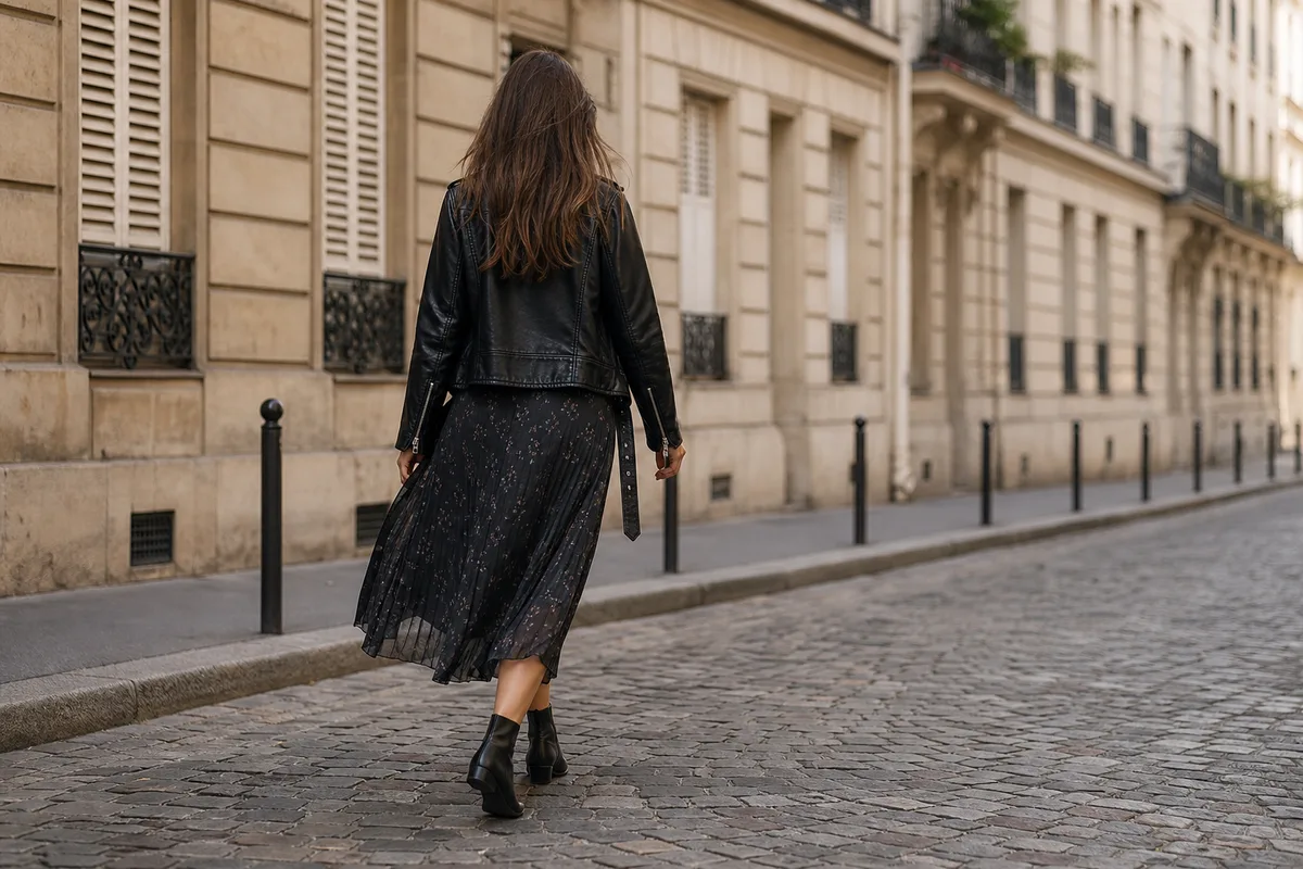 Silhouette de femme de dos portant une veste en cuir noire ouverte sur une robe fluide sombre, dans une rue pavée européenne