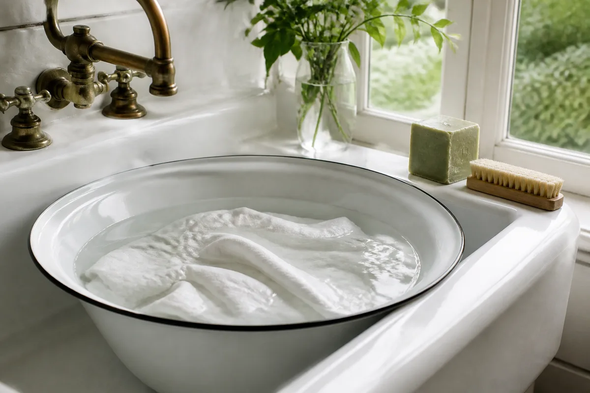Bassine d eau froide savon de Marseille et linge blanc en trempage sur un evier