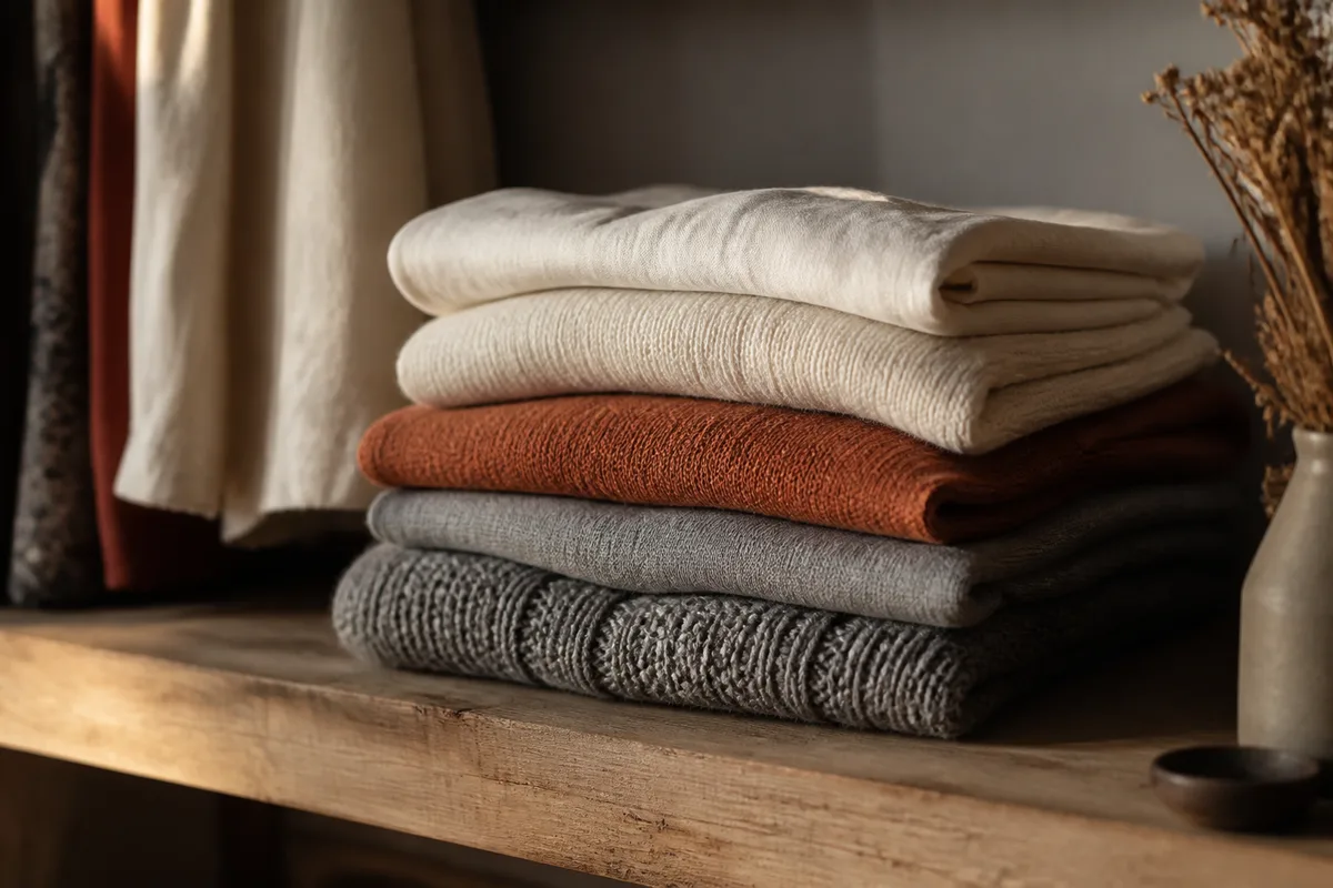 Pile de vetements plies sur une etagere en bois eclairee par une lumiere douce