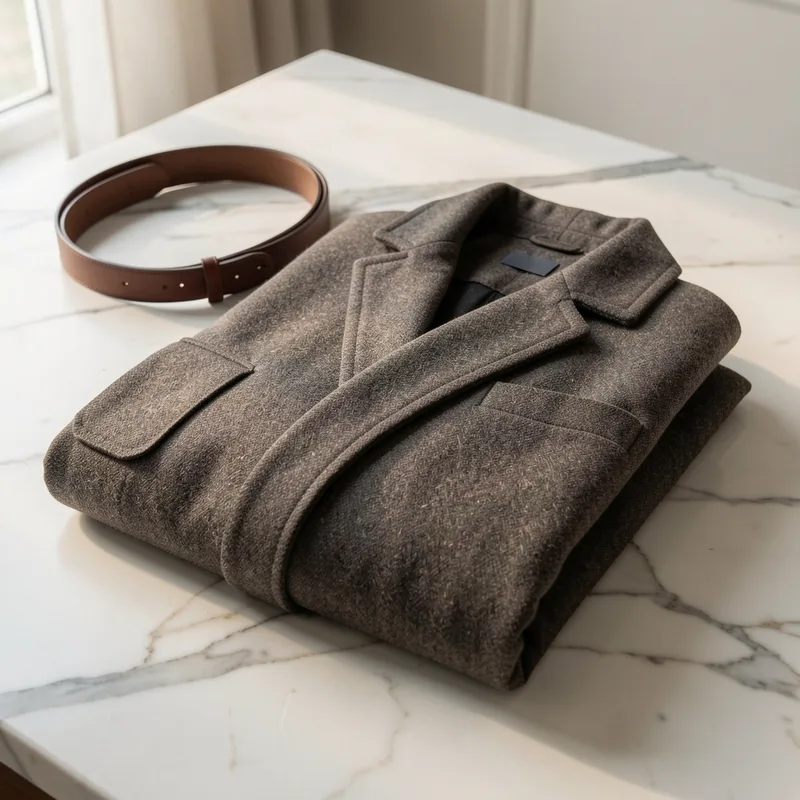 Chemise en lin, pull en maille et foulard de soie posés à plat sur une table en bois clair, à côté d'une paire de mocassins en cuir